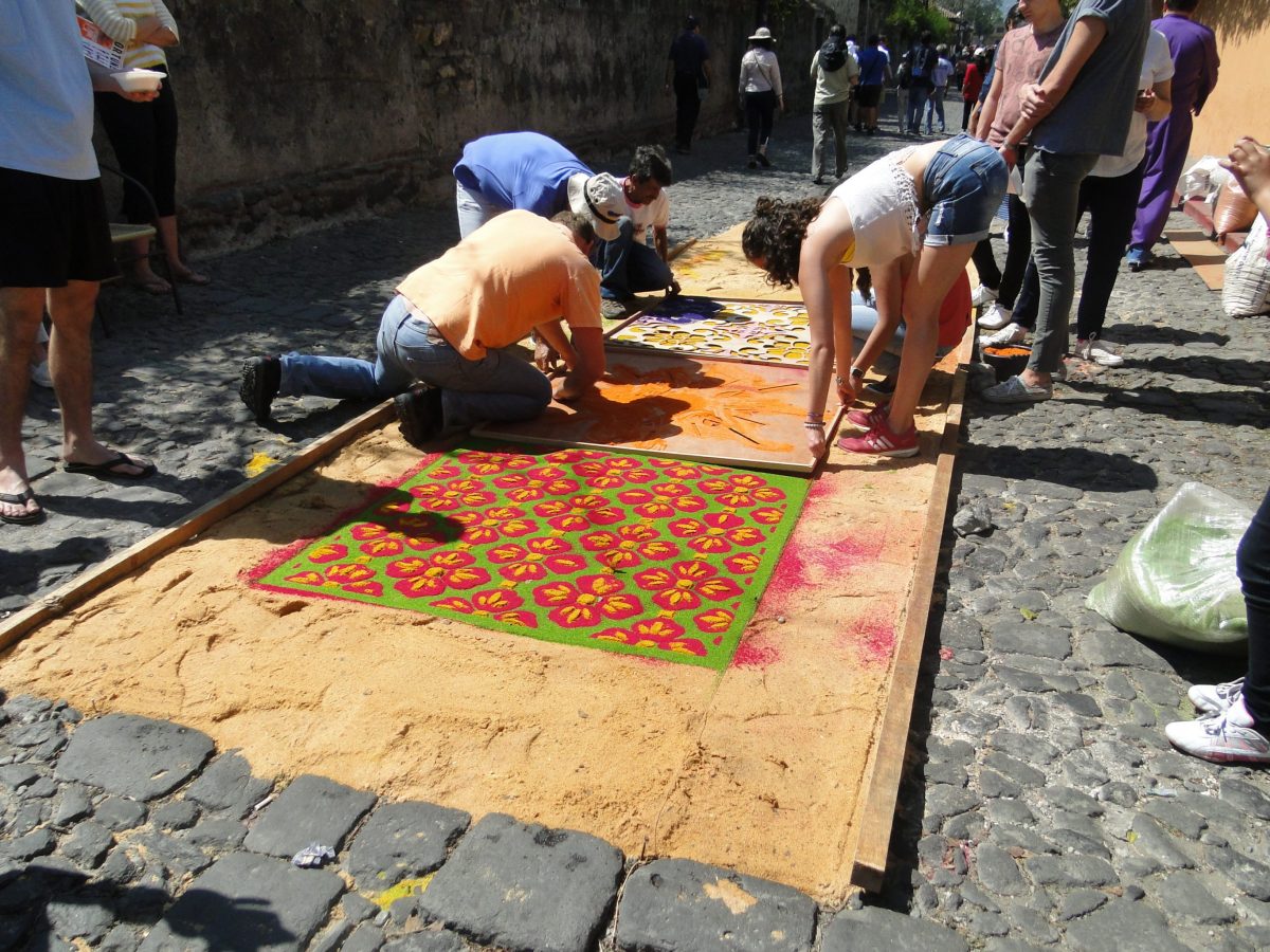 People making carpets for Holy Week in Antigua, Guatemala