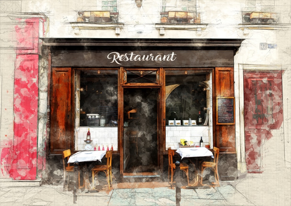 sketch of a restaurant facade in a Parisian street