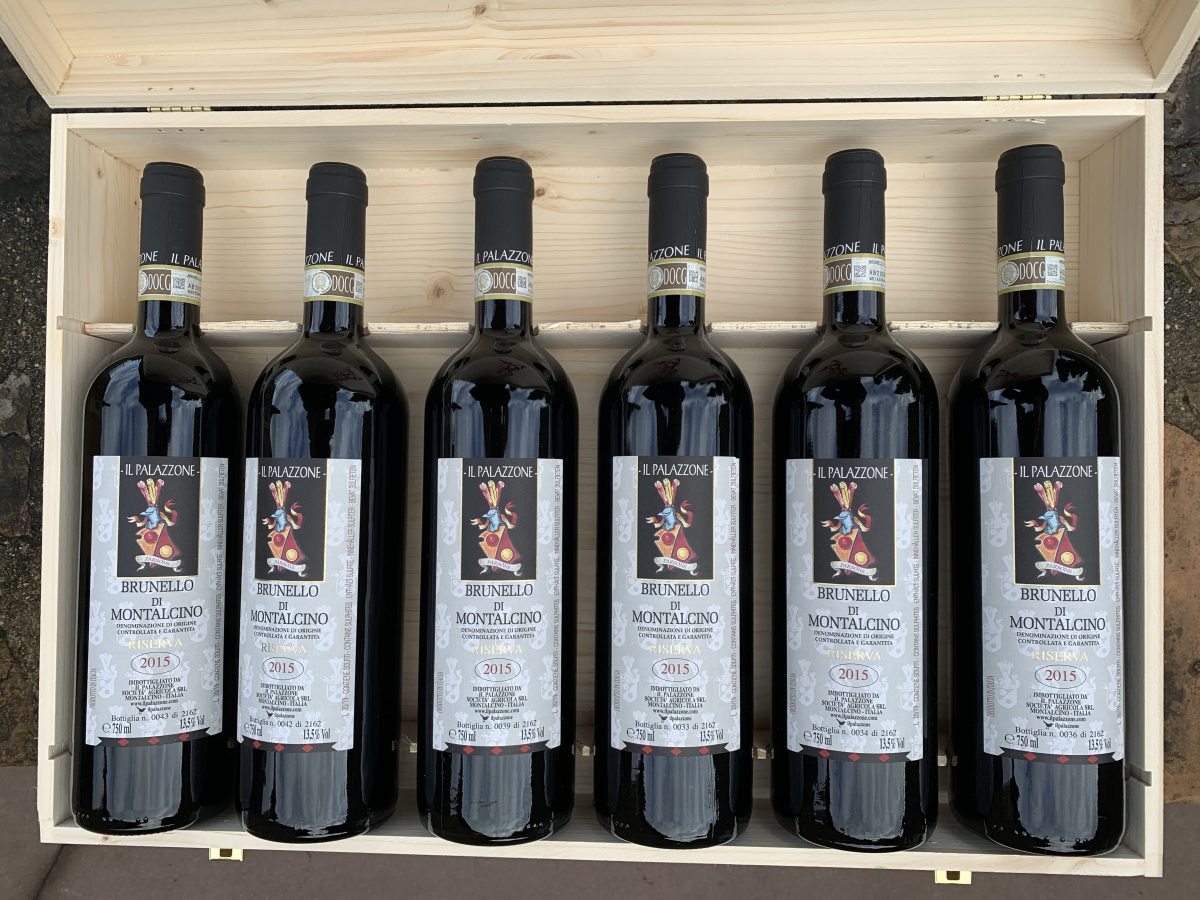 Bottles of Il Palazzone's Brunello in a wooden box