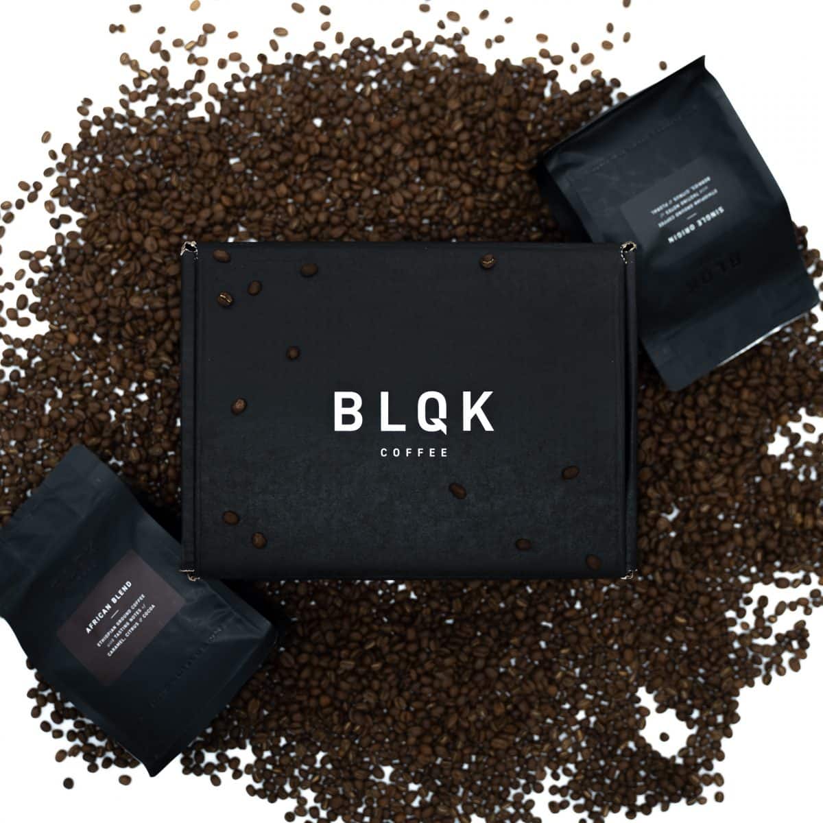 B L Q K Coffee beans and packages 