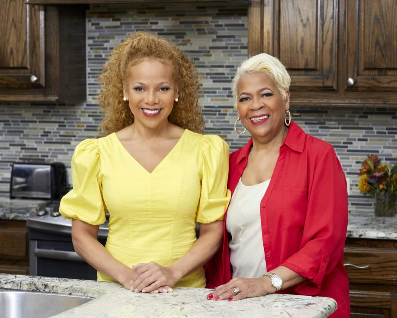 Donna Richardson and mom in the kitchen for Mama Laverne's