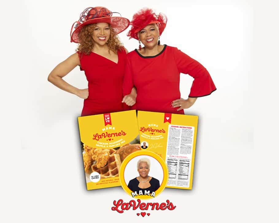 Donna Richard and Mama LaVerne's with packages of chicken seasoning and waffle and pancake mix