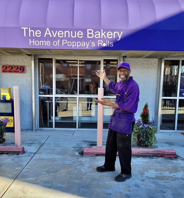 The Avenue Bakery, owner James Hamlin in front of bakery
