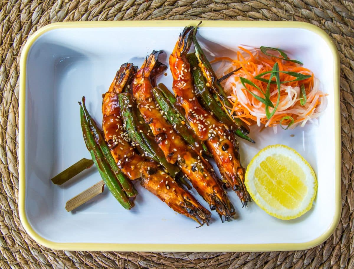 BBQ shrimp and okra skewers at Sweet Ophelia's at Alkebulan in Dubai