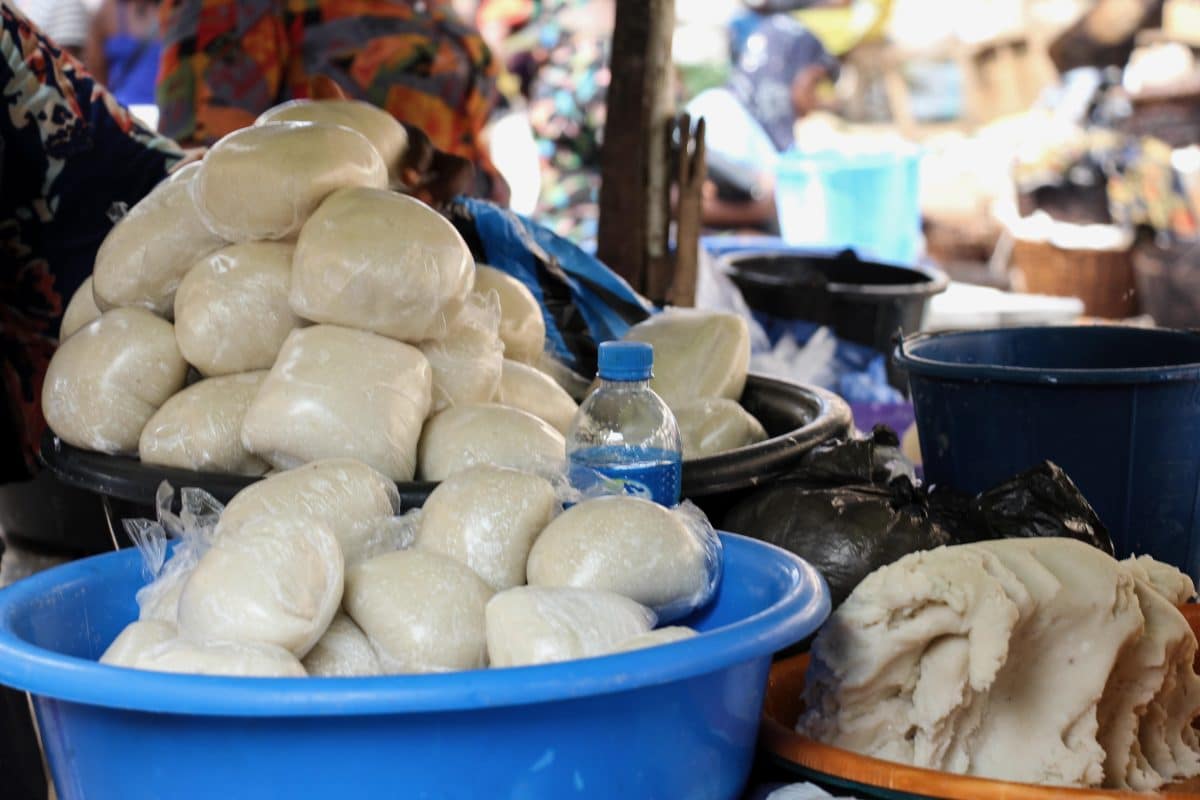Fufu ready for customers at an outdoor market in Lagos, Nigeria 