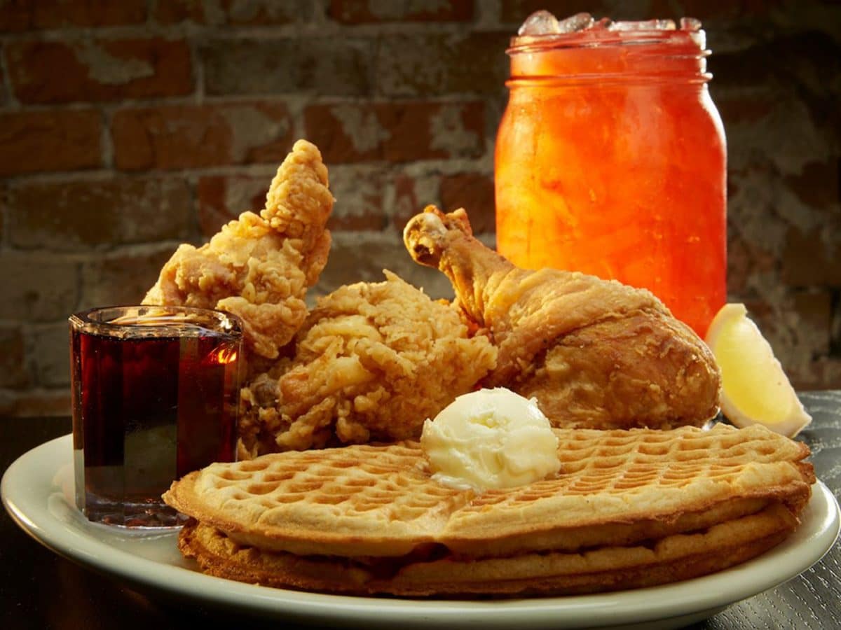 3-pc fried chicken and waffles with a drink at Lo-Lo's Chicken & Waffles