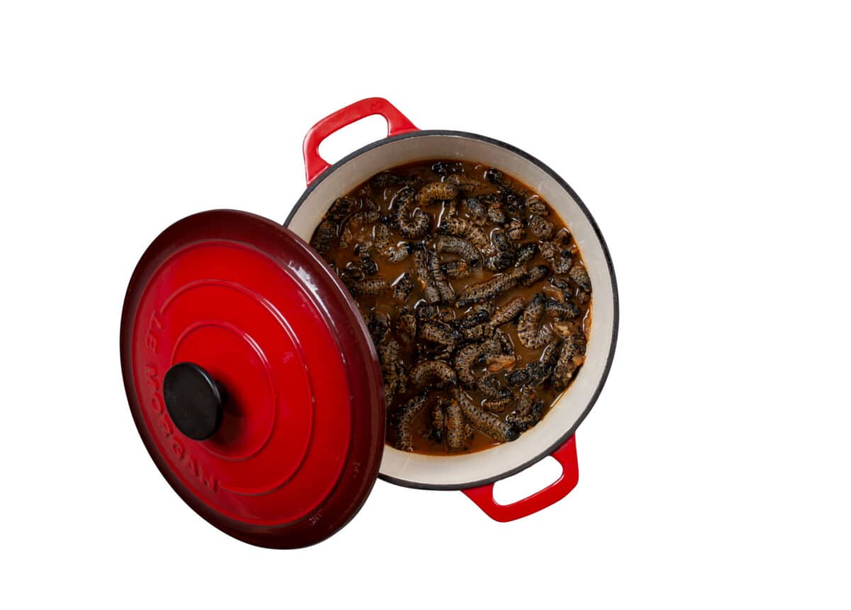 Mopani worm stew, the dried insects reconstituted with tomato, onion and spices