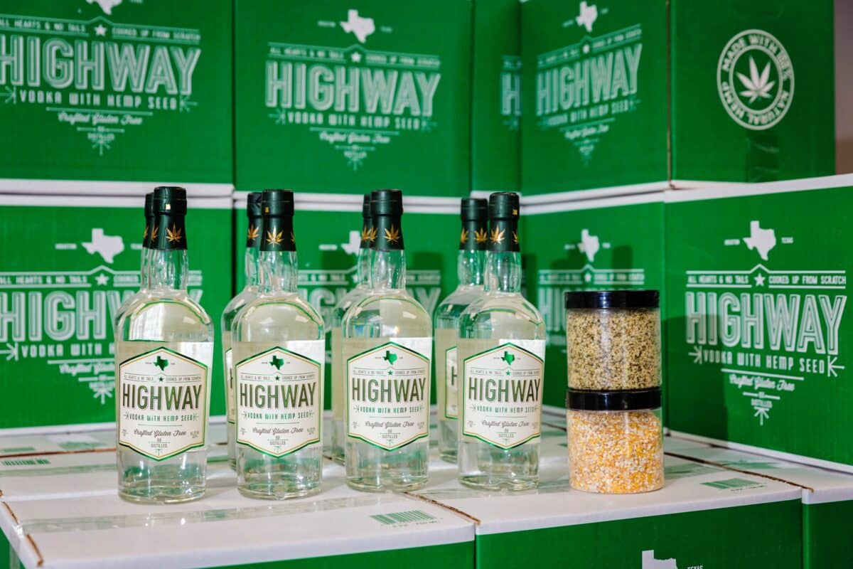 Highway Vodka bottles with hemp seeds and corn