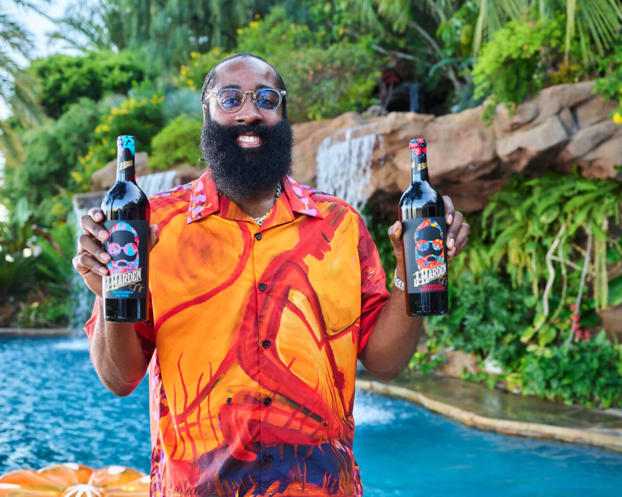 Basketball star James Harden holding J-Harden Wines recently launched