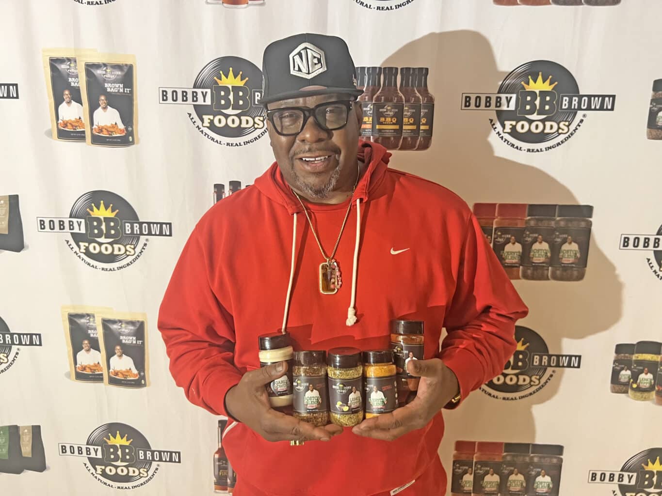 R&B singer Bobby Brown with Bobby Brown Foods products