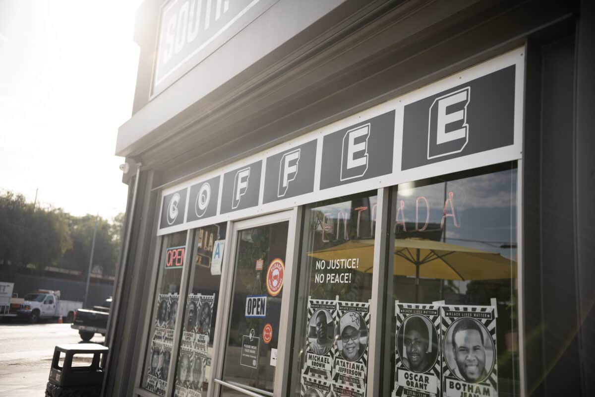 South LA Cafe window advocating for justice for those killed by police