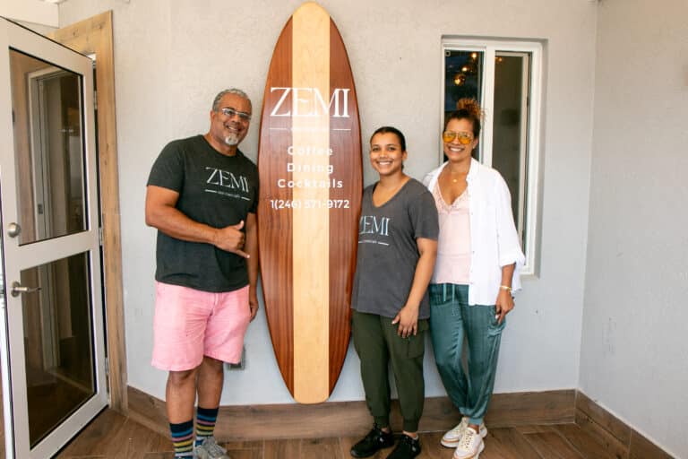 Zemi Cafe owners Kenny Hewitt and Gaye Talma with daughter Ella Hewitt in Barbados