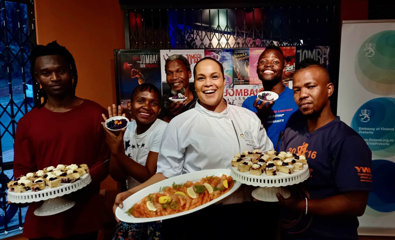 Chef Jade Klaasen, centre, with left to right, ‘Flatfoot’ dancers Siseko Duba, Jabu Siphika, Sifiso Khumalo, Sbonga Ndlovu and Ndumiso ‘Digga’ Dube