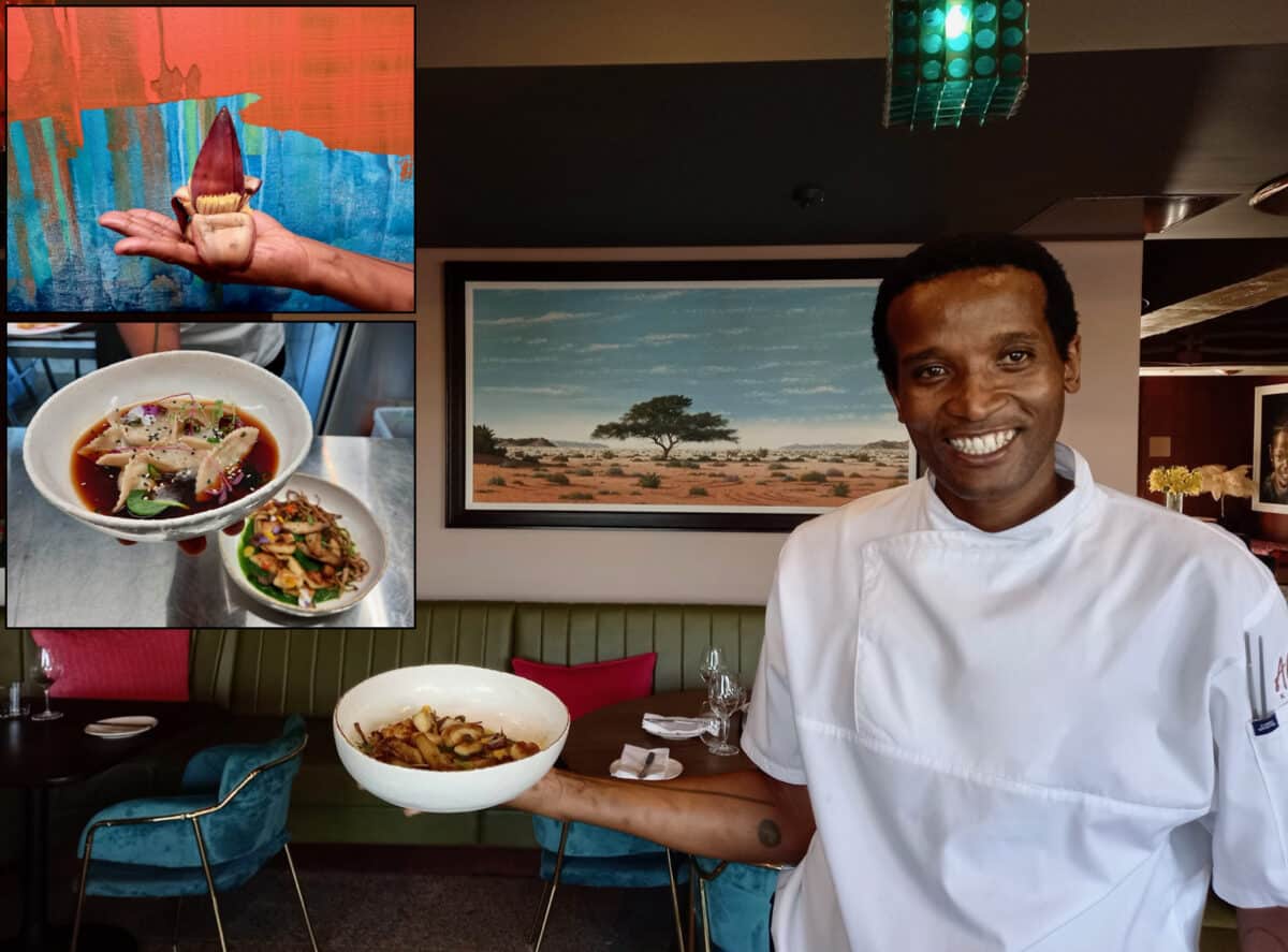 Chef Ali Majija at his recent boutique hotel gig. Inset, top, a banana blossom homage for a vegan dish; bottom, fish consommé with fish dumplings and a childhood-inspired mushroom dish. 