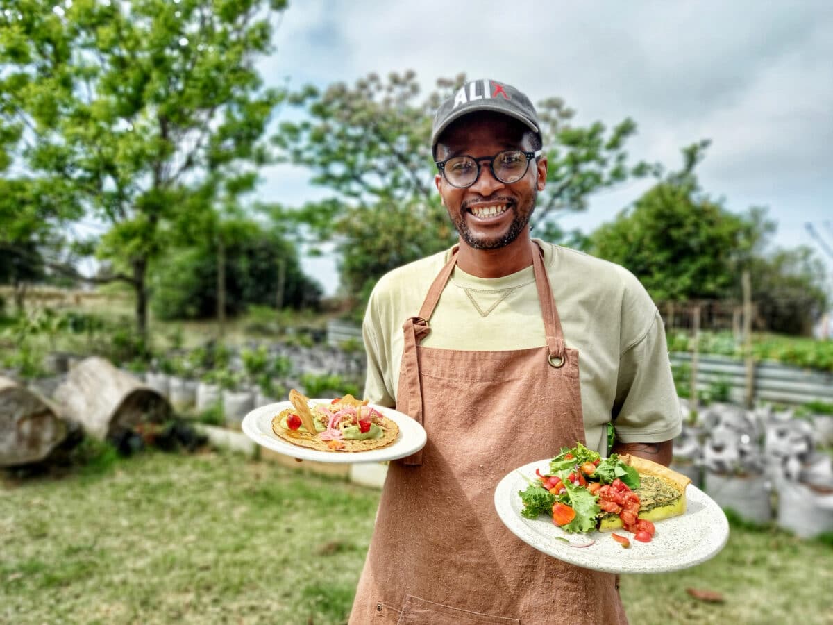 Chef Ali Majija in the farm garden at The Farmer’s Table about a 40 minute drive inland from the coastal city of Durban