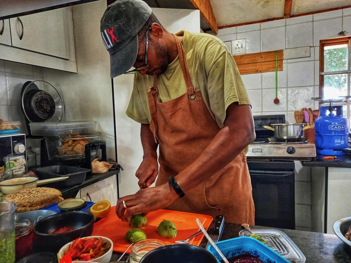 Chef Ali Majija preps brunch in the small farm kitchen