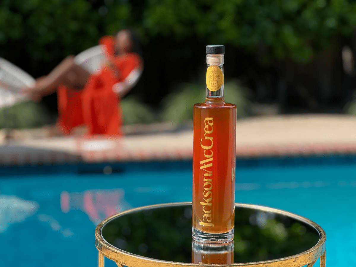 Poolside bottle of Jackson McCrea Rye Whiskey